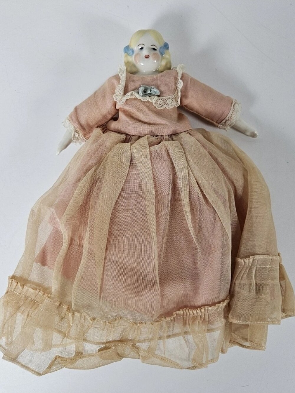 Vintage Bisque Porcelain Head Girl Doll Cloth Body Pink Dress Lace Trim C. 1890s